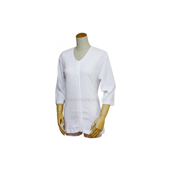 [U0396] 婦人前開き七分袖シャツ（プラスチックホック式）/43261　LL　白