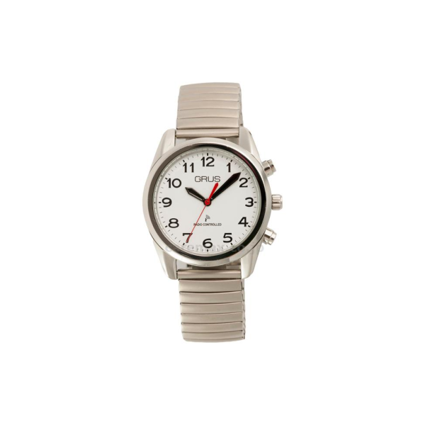 [O0957] GRUS（グルス）　ボイス電波腕時計/GRS003-01　ホワイト×シルバー　ステンレス　男女兼用