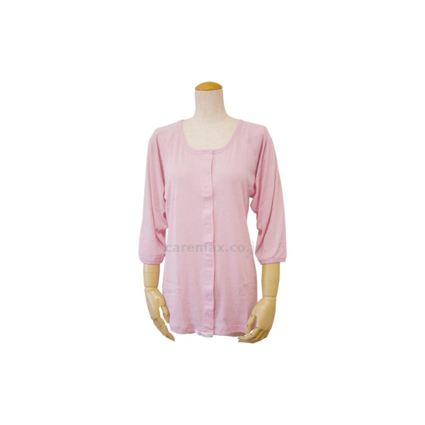 [U0859] 婦人七分袖前開きシャツ（縫い目が外側・ワンタッチテープ式）/43281　M　杢ピンク